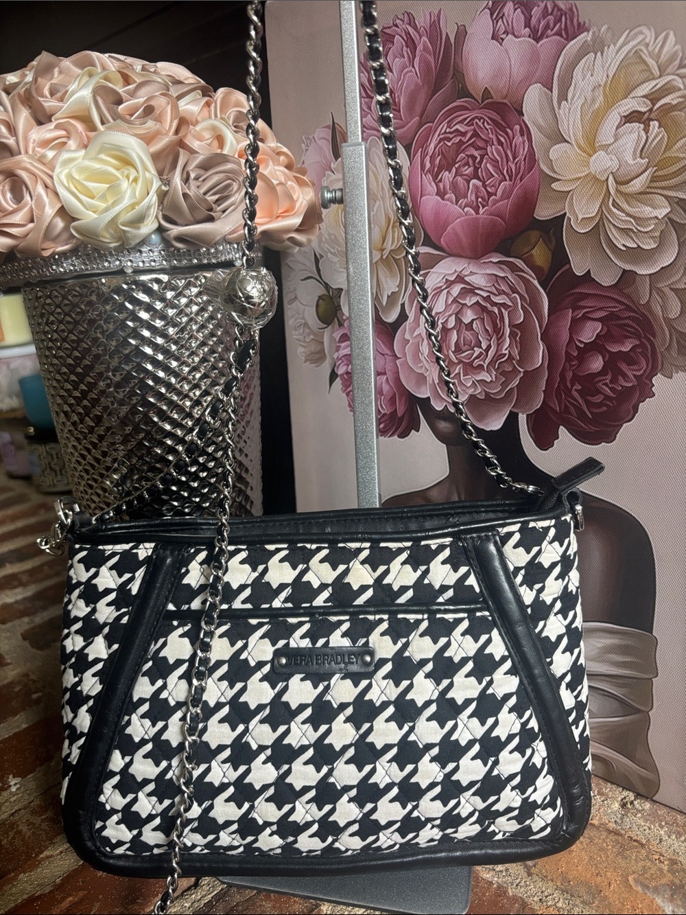 Vera Bradley Black & White Houndstooth Chain Crossbody Bag